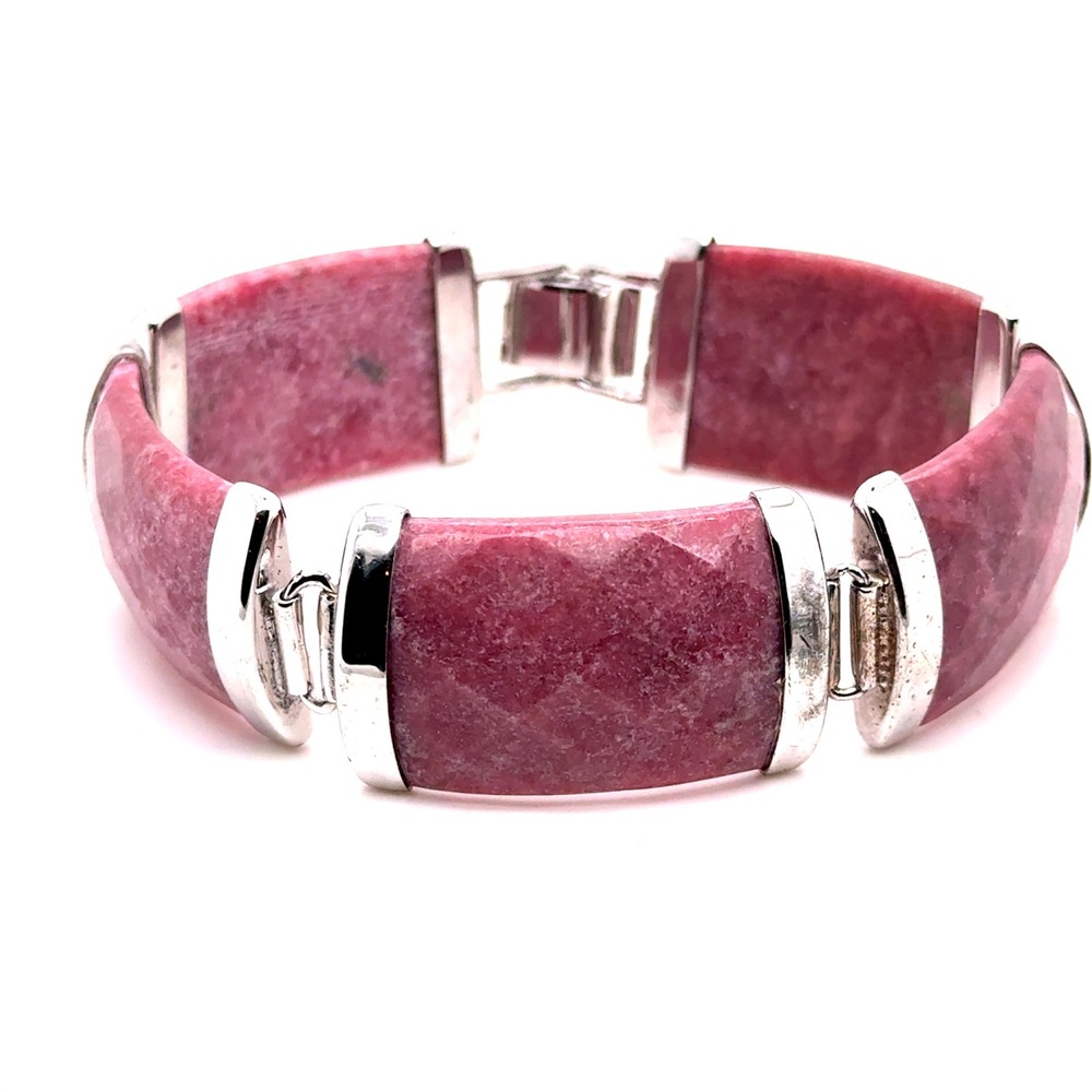Sterling Silver Pink Rhodonite Faceted Stone Link Bracelet 7.5 Inch 55.8g